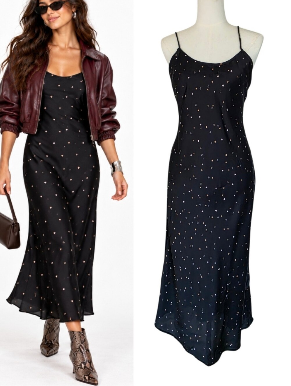 Free People Black Heart Print Maxi Slip Dress Romantic Boho Slip